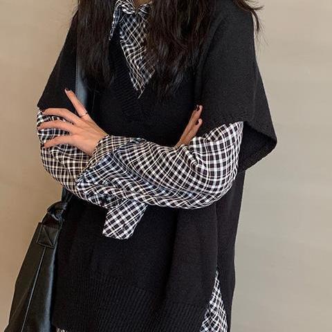 Bộ áo sweater dài tay+áo dệt kim xinh xắn cho nữ (Có bán lẻ)