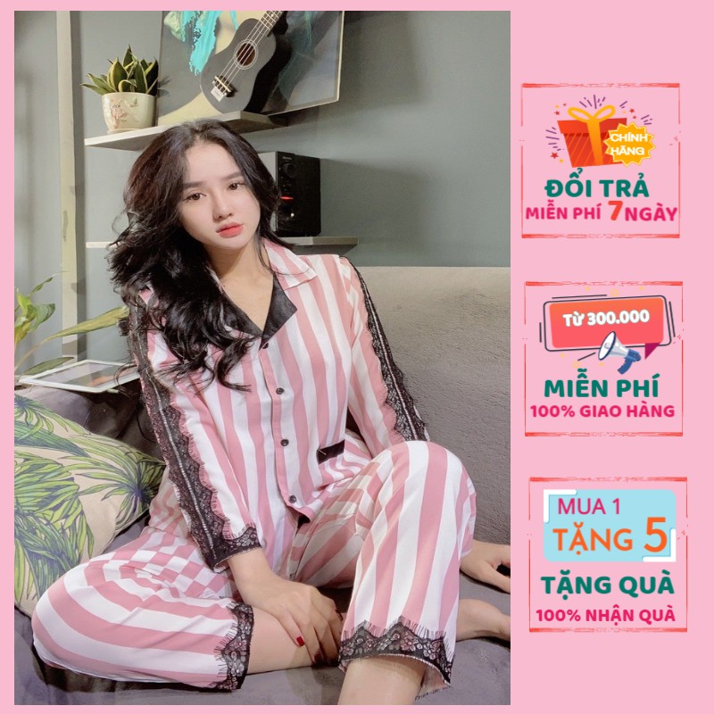 Bộ Đồ Ngủ Đồ Bộ Pijama Lụa Nữ Mặc Nhà Bộ Ngủ Lụa Hàn Phối Ren Tay Dài Quần Dài Dễ Thương