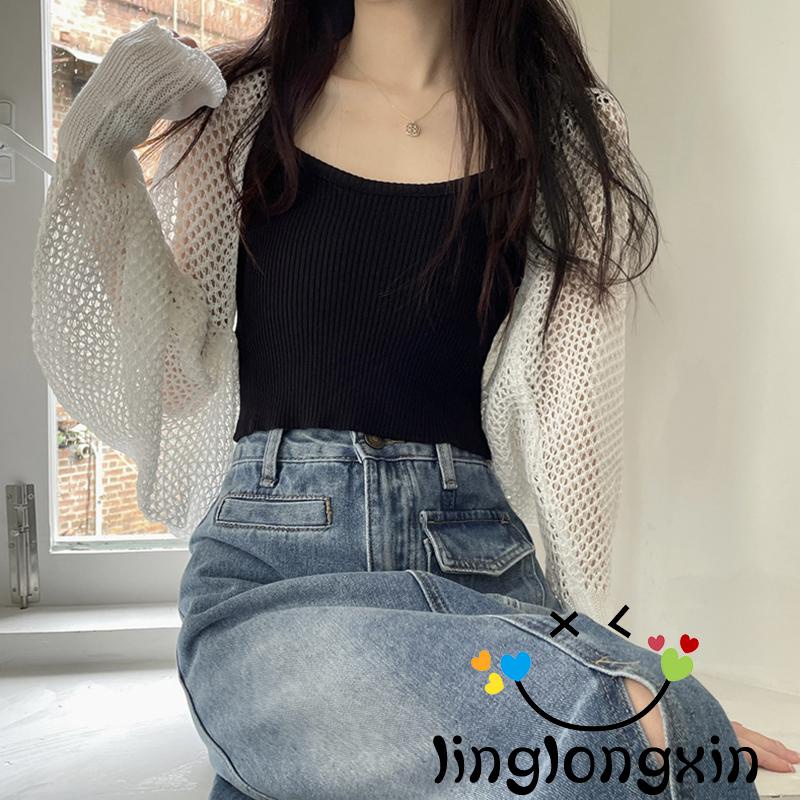Áo Khoác Cardigan Dệt Kim Tay Dài Dáng Rộng Màu Trơn Khoét Rỗng Phía Trước Linglongxi2 Cho Nữ