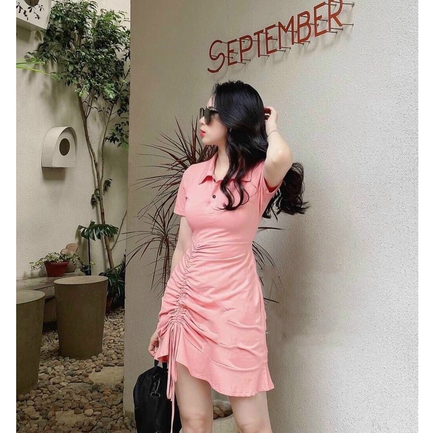 Gunkaymatter Đầm Ôm Body Cổ Sơ Mi Rút Dây Bên Hồng Thời Trang Nữ Thiết Kế Sang Chảnh