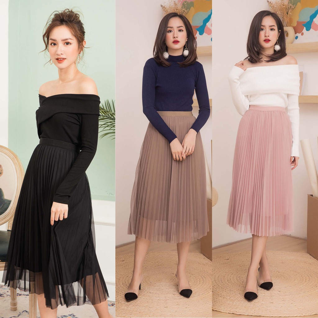 Chân váy xếp ly dáng dài LYNS chất liệu voan dài qua gối kiểu dáng midi-.