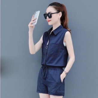 [Ảnh thật shop chụp] Set Đồ Bộ Nữ Mặc Nhà Denim,Quần Short Áo Sát Nách