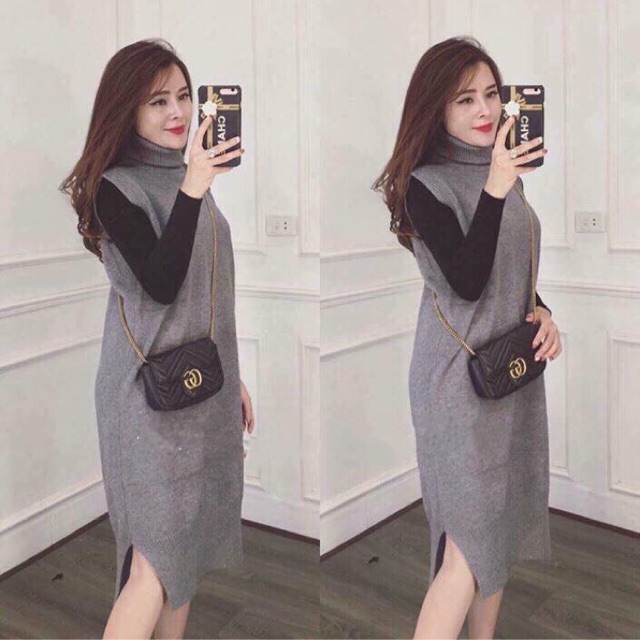 Váy len pha tay cổ lọ