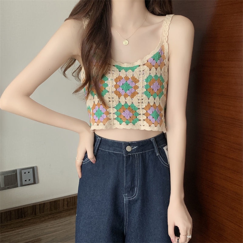 Áo Hai Dây Nhỏ Ngắn Thêu Họa Tiết Hoa Màu Sắc Retro Thời Trang Mùa Hè Cho Nữ