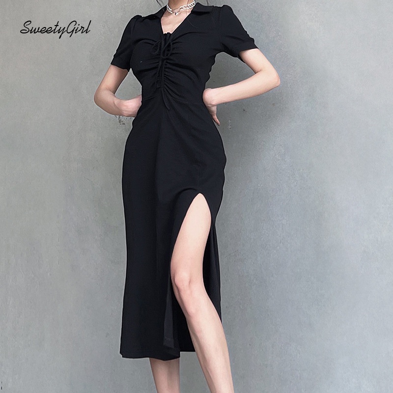 Đầm Midi Tay Ngắn Cổ Chữ V Dáng Ôm Màu Trơn Thời Trang Quyến Rũ Cho Nữ 2022