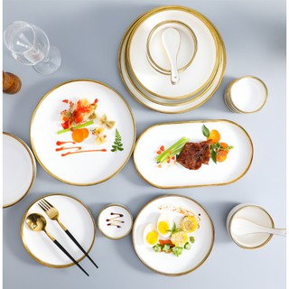 [bán set]bộ chén bát màu trắng viền vàng gốm sứ Nhật bản phong cách tối giản (hàng order)