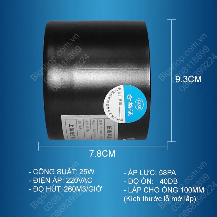 Quạt thông gió gắn đường ống D100mm, gắn tường khoét lỗ D100mm