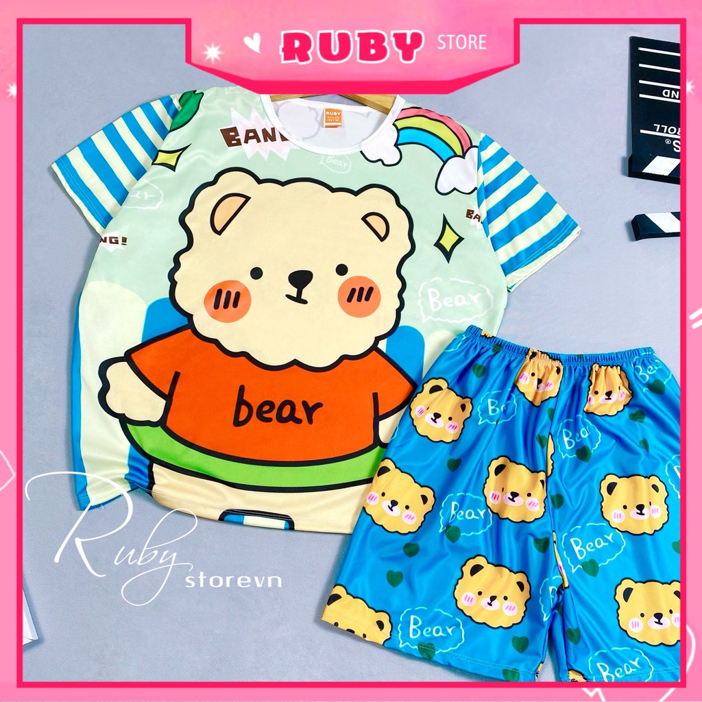 Đồ bộ thun đùi bé trai bé gái in hình gấu hoạt hình dễ thương size đến 70kg chất thun mềm mát DBRBD FULL SIZE