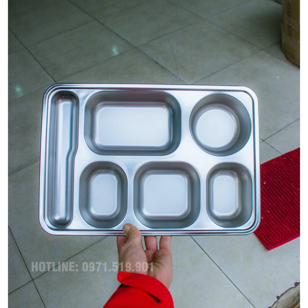Khay cơm inox sâu lòng 5 ngăn cao cấp có nắp nhựa + ngăn để đũa