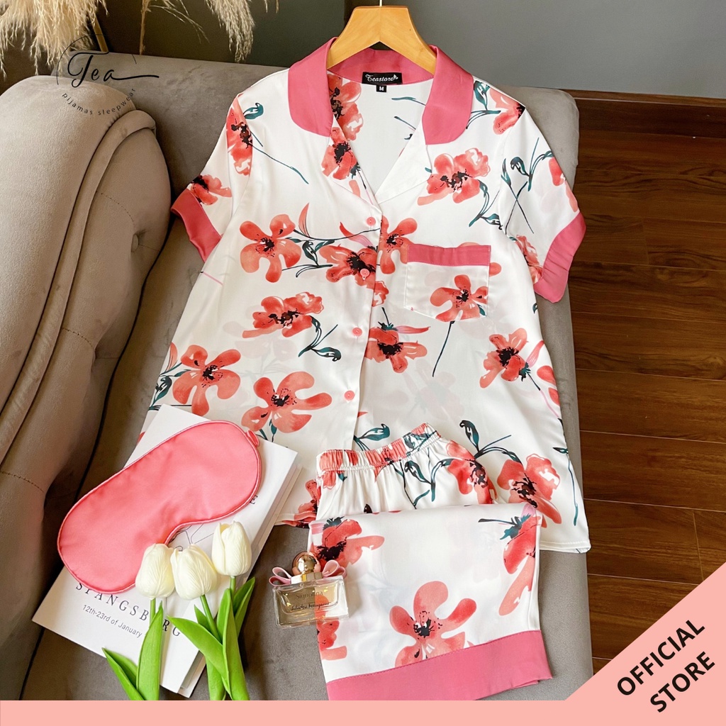 Bộ mặc nhà pyjama lụa cộc Tea Store họa tiết hoa hàng thiết kế