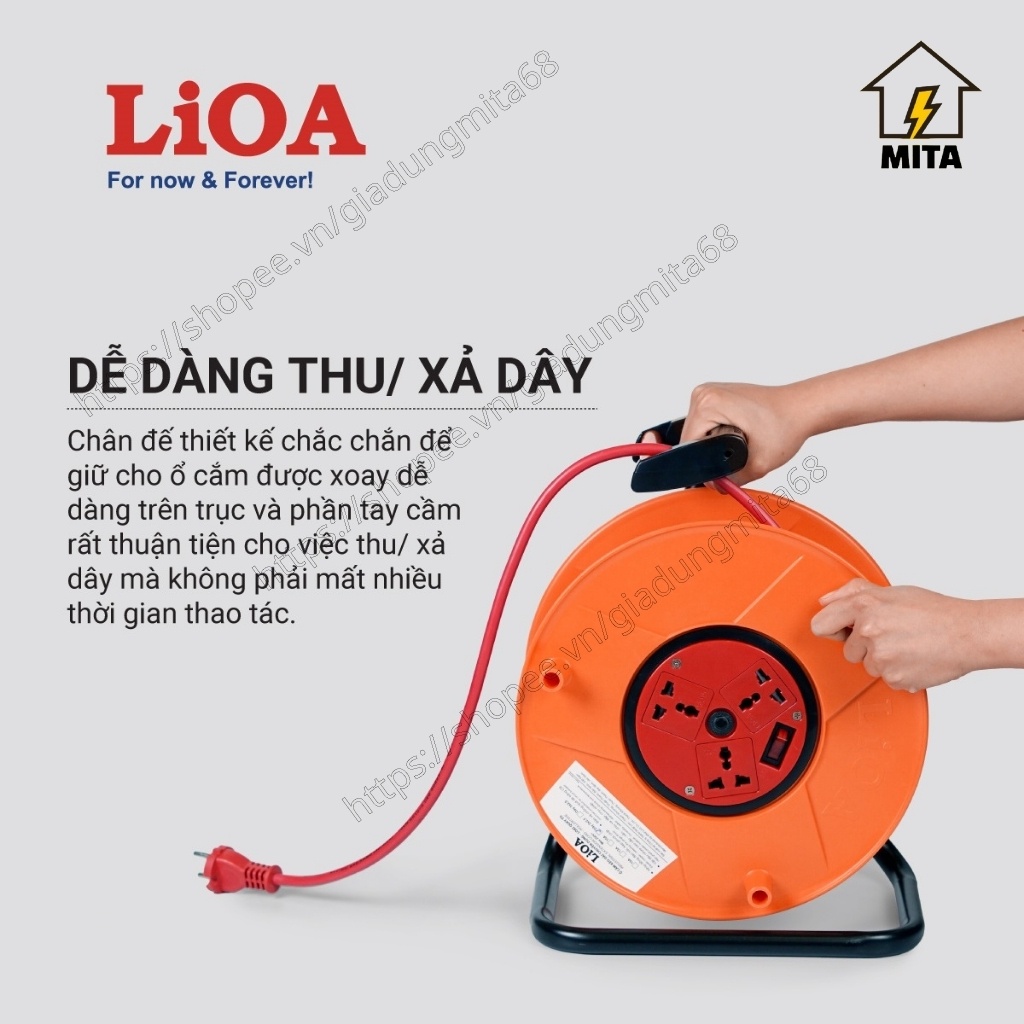 Ổ cắm điện LiOA, ổ điện kéo dài quay tay dây dài 20m/30m kiểu RULO loại chống xoắn LiOA QTX2025 / QTX3025 - MITA