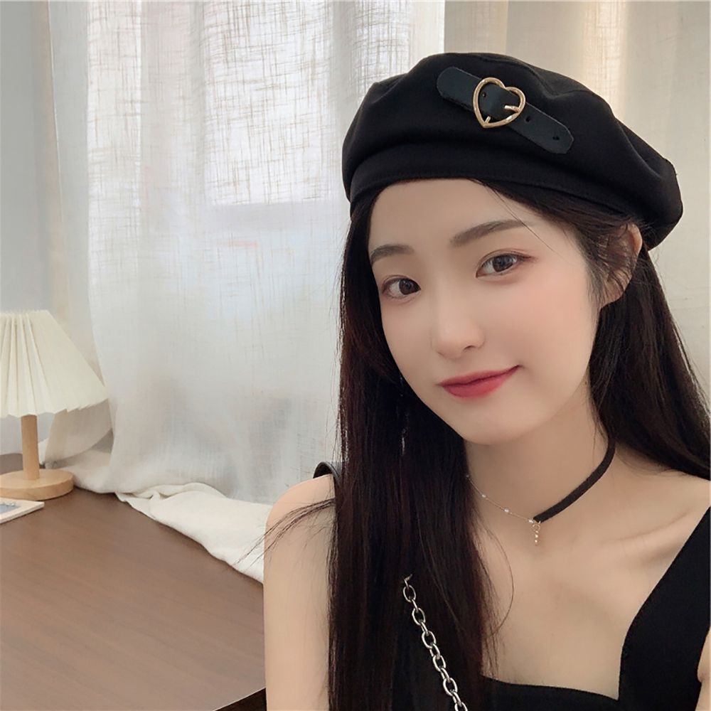 Mũ beret kiểu cổ điển phối khóa cài hình trái tim bằng da thời trang mùa thu giúp giữ ấm cho nữ nhiều màu tùy chọn