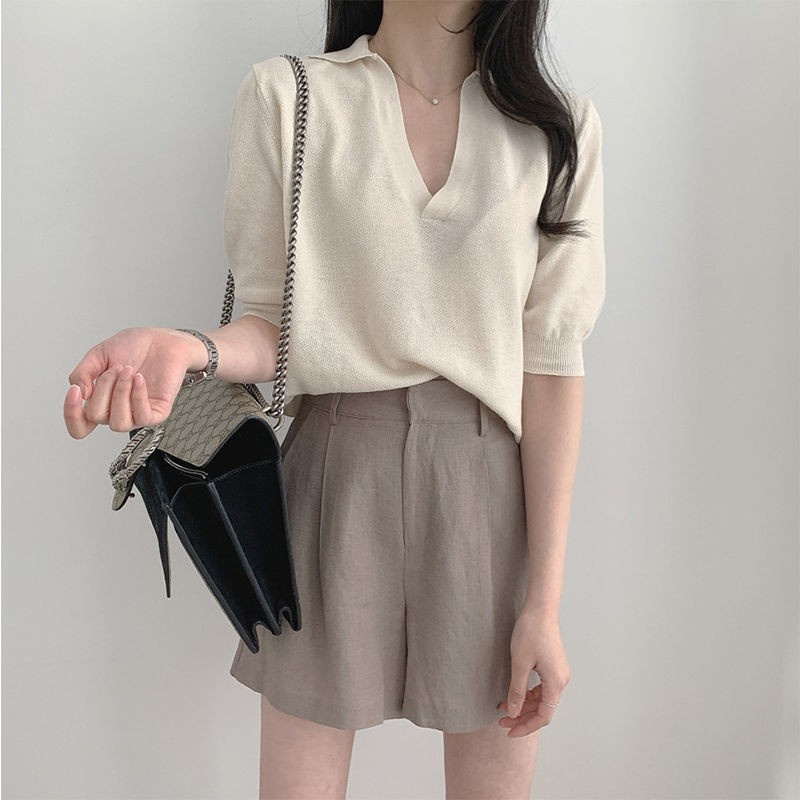 Bella Áo Sweater Lụa Mỏng Tay Ngắn Cổ Polo Phong Cách Retro | BigBuy360 - bigbuy360.vn