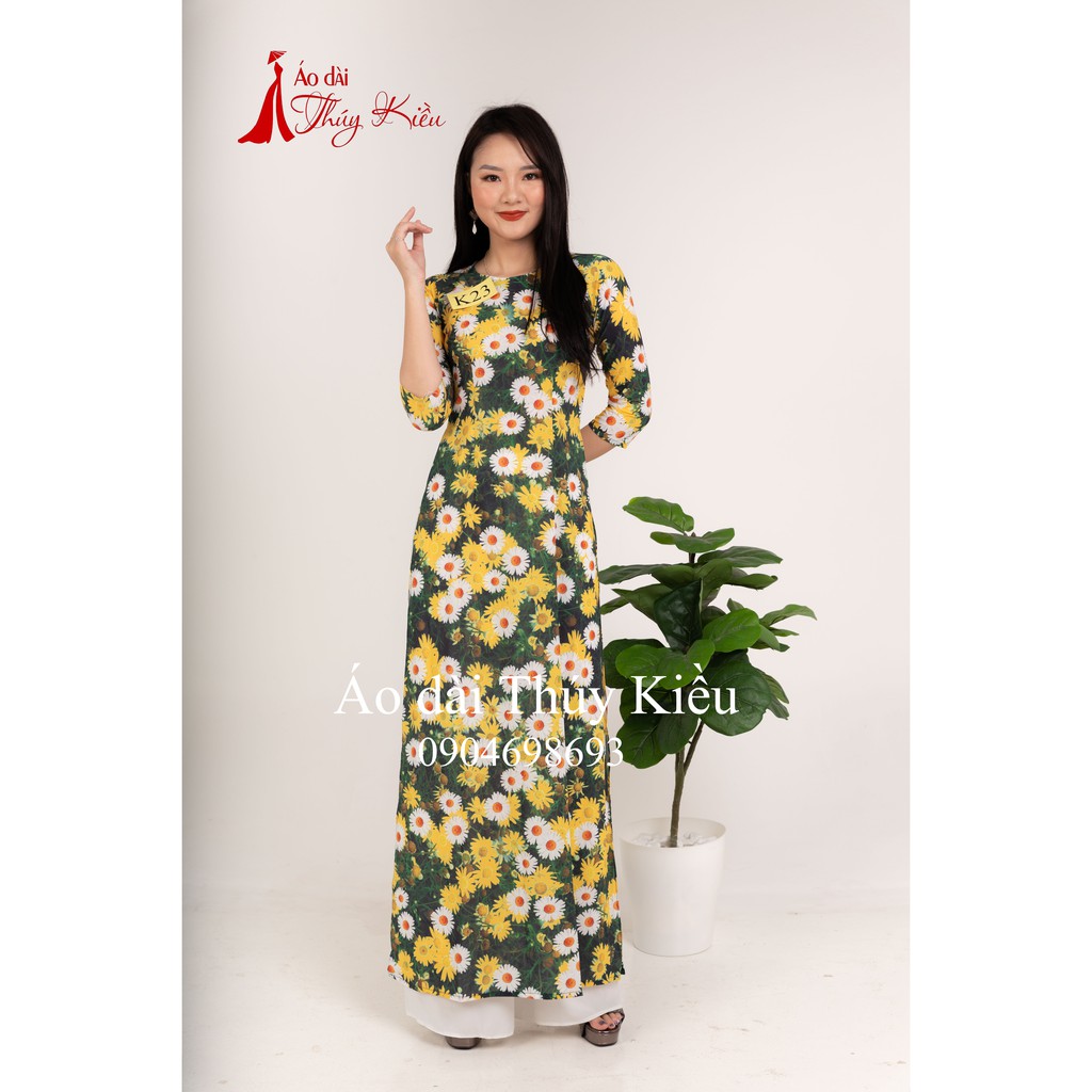 Áo dài hoa nhí truyền thống may sẵn cách tân nữ hoa cúc trắng vàng K23 Thúy Kiều mềm mại co giãn áo dài giá rẻ
