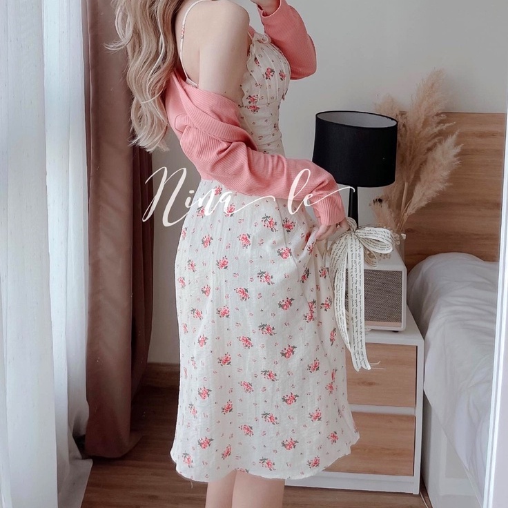 Set váy 2 dây cúp ngực, đầm hoa nhí kèm áo khoác cardigan dài tay chiết eo dáng dài freesize hàn quốc Ylydress C999