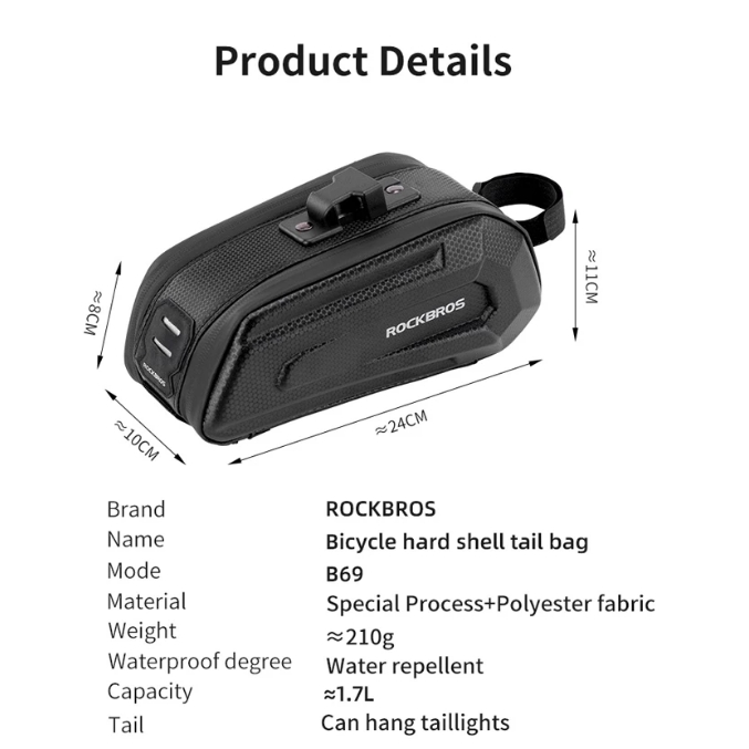 ROCKBROS1.7L Bicycle Bag Waterproof Rear Large Capatity Quick Release Seatpost Shockproof Double Zipper Rear Bag