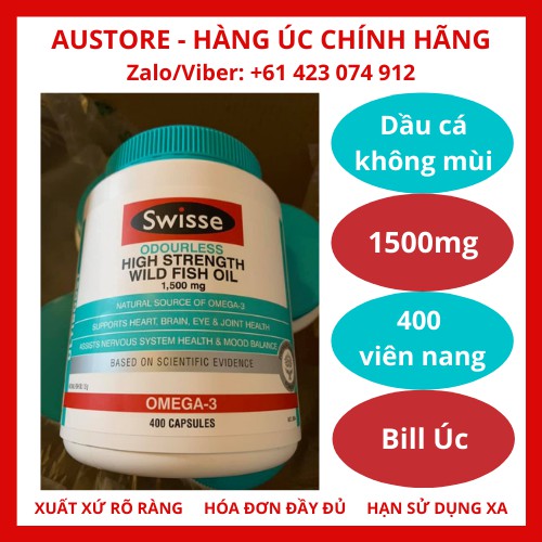 [Bill Úc, 400 viên, 1500mg] Dầu cá không mùi Swisse Ultiboost Odourless High Strength Wild Fish Oil 1500mg 400 Capsules