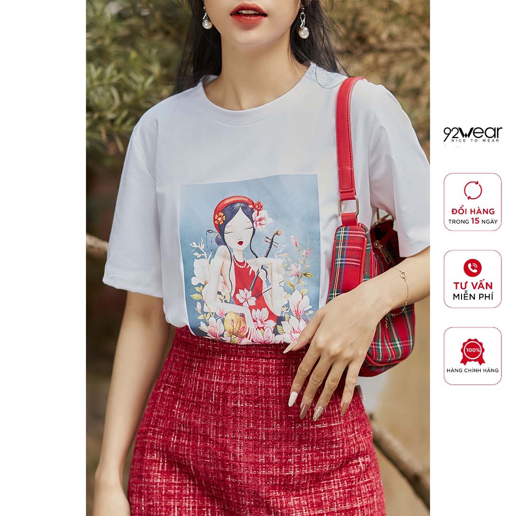 Áo phông nữ ngắn tay cổ tròn in hình cô gái 92WEAR, thiết kế trẻ trung, cá tính ATA2256
