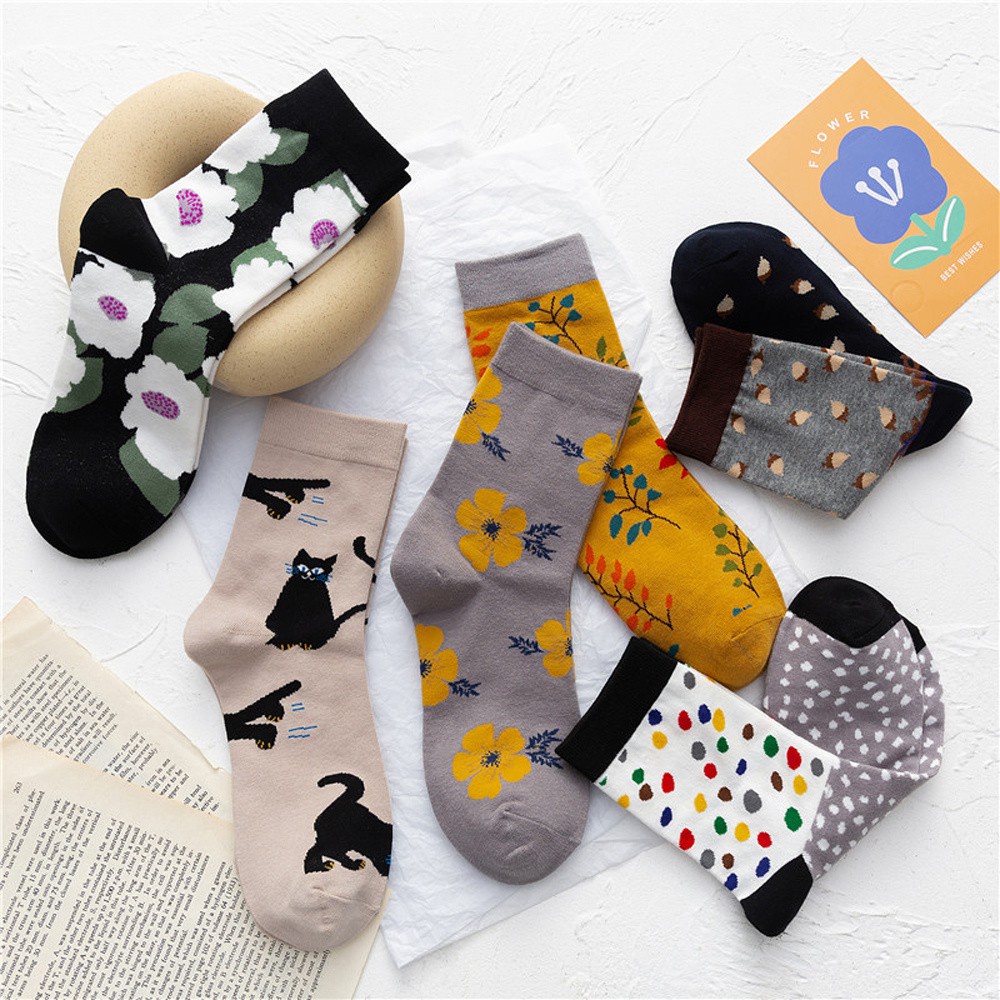 Vớ Cotton Cổ Cao In Họa Tiết Hoa / Mèo Phong Cách Harajuku Cổ Điển Thời Trang Cho Nữ