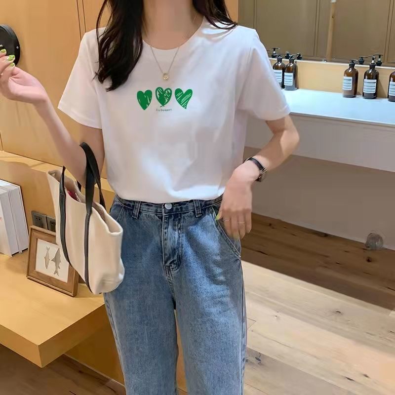 Áo Thun Cotton Trắng Tay Ngắn Dáng Rộng In Hình Trái Tim Thời Trang Cho Nữ