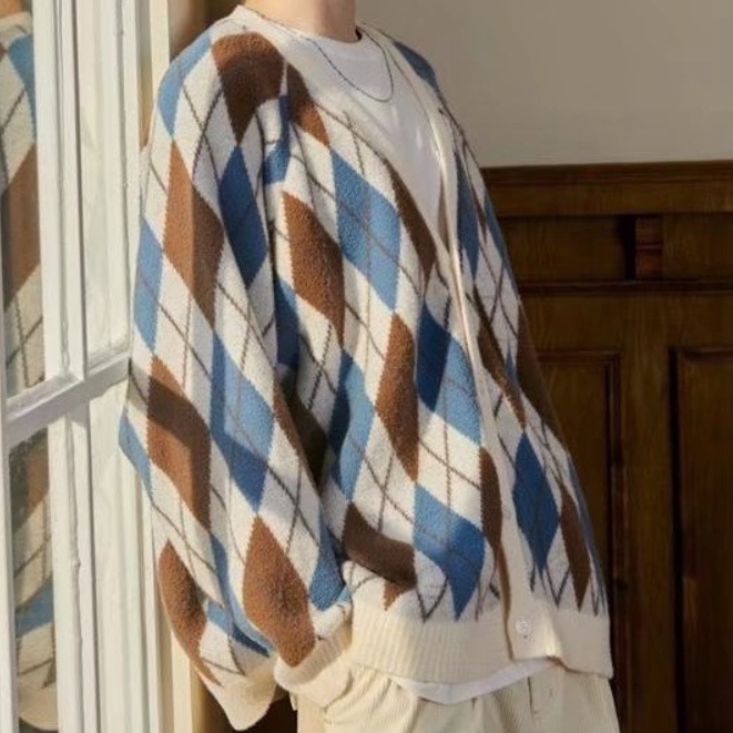 Áo khoác cardigan dệt kim cổ chữ V họa tiết kẻ sọc phong cách Hàn Quốc cho nam