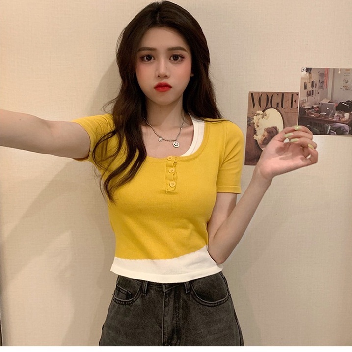 【ZHELIHANGFEI】 Áo Thun Dệt Kim Mỏng Tay Ngắn Dáng Ôm Giả Hai Lớp Thời Trang Mùa Hè Bán Chạy Cho Nữ