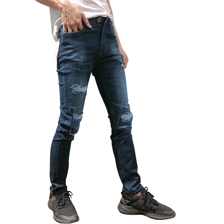 [Mã LT50 giảm 50k đơn 250k] Quần jean dài nam LB màu xanh rách đắp gối màu xanh jean phom body DNBB021 | BigBuy360 - bigbuy360.vn