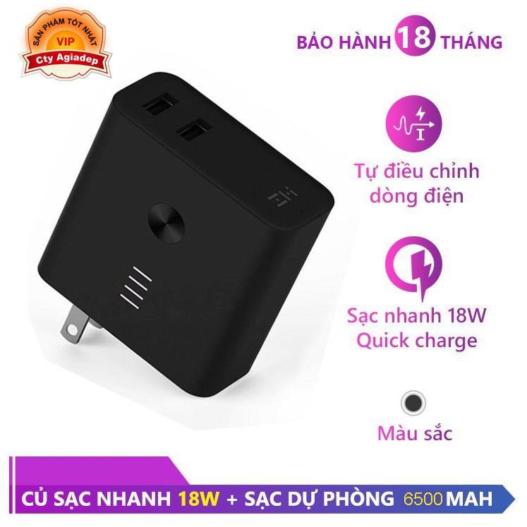 Củ sạc kiêm Pin sạc dự phòng Xiaomi ZMI xịn nổi tiếng sạc nhanh QC3.0 6500mah