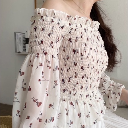 Áo trễ vai tay dai áo trễ vai Hàn Quốc hoa nhí phong cách tiểu thư sang chảnh | BigBuy360 - bigbuy360.vn