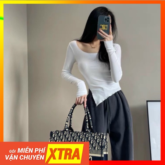 Áo Thun Body Siêu Hot ,Áo dài tay nữ xẻ tà kiểu dáng ôm body tay loe,Áo Len Tăm Xẻ Vạt Tay Dài 3 Màu Cá Tính