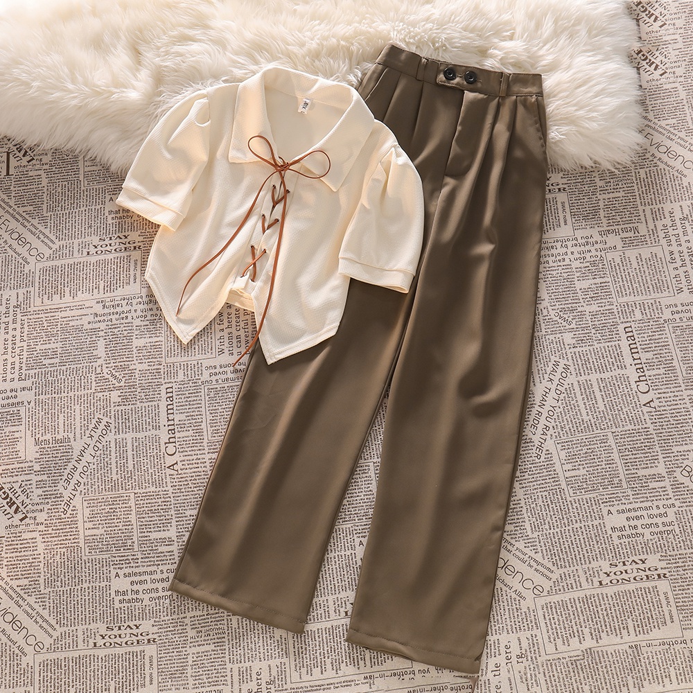 Xiaozhainv Set Áo Thun Polo Tay Ngắn Cổ Bẻ Phối Quần Dài Lưng Thun Co Giãn Thời Trang Mùa Hè Năng Động