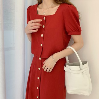 [CÓ SẴN] Set áo đỏ cổ vuông form ngắn + chân váy chữ A tiểu thư Hàn Quốc, set váy
