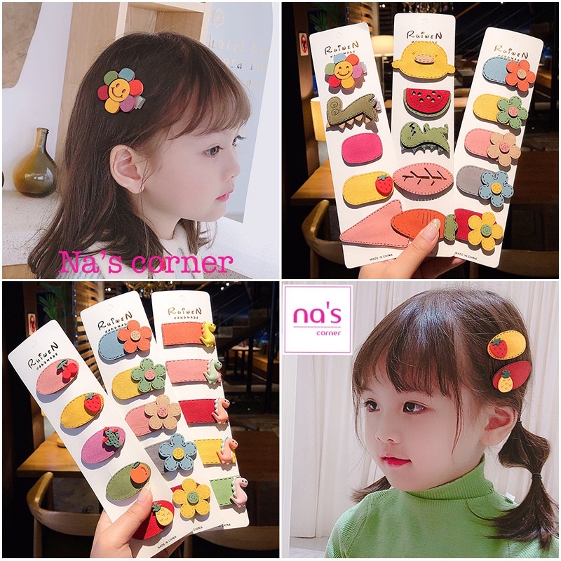 Bộ 5 kẹp tóc mỏ vịt dễ thương cho bé gái hình hoa thỏ khủng long trái cây