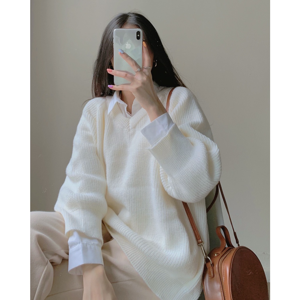 Áo len cổ V trơn có cúc cài đằng sau ulzzang form rộng - Made by Fiin | BigBuy360 - bigbuy360.vn