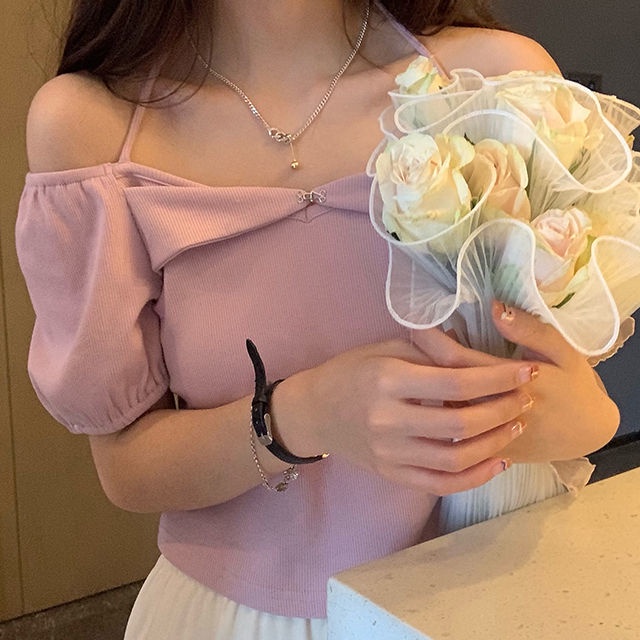 Áo thun COZOK ngắn tay kiểu cổ yếm xinh xắn phong cách Hàn Quốc