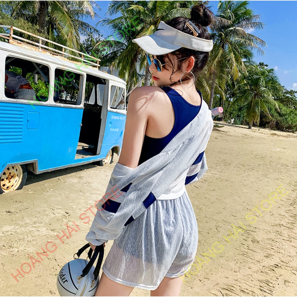Bộ đồ bơi bikini nữ hai mảnh kín đáo quần short áo tay dài đi tắm biển, tập yoga, tập gym - B.12