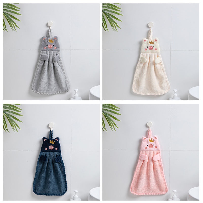 Khăn Lau Tay Nhà Bếp - Khăn Lau Chất CÔTTON Nhung San Hô Thấm Hút Tốt Có Móc Treo Tường Hình Heo Con Xinh Xắn - #KHANLAU
