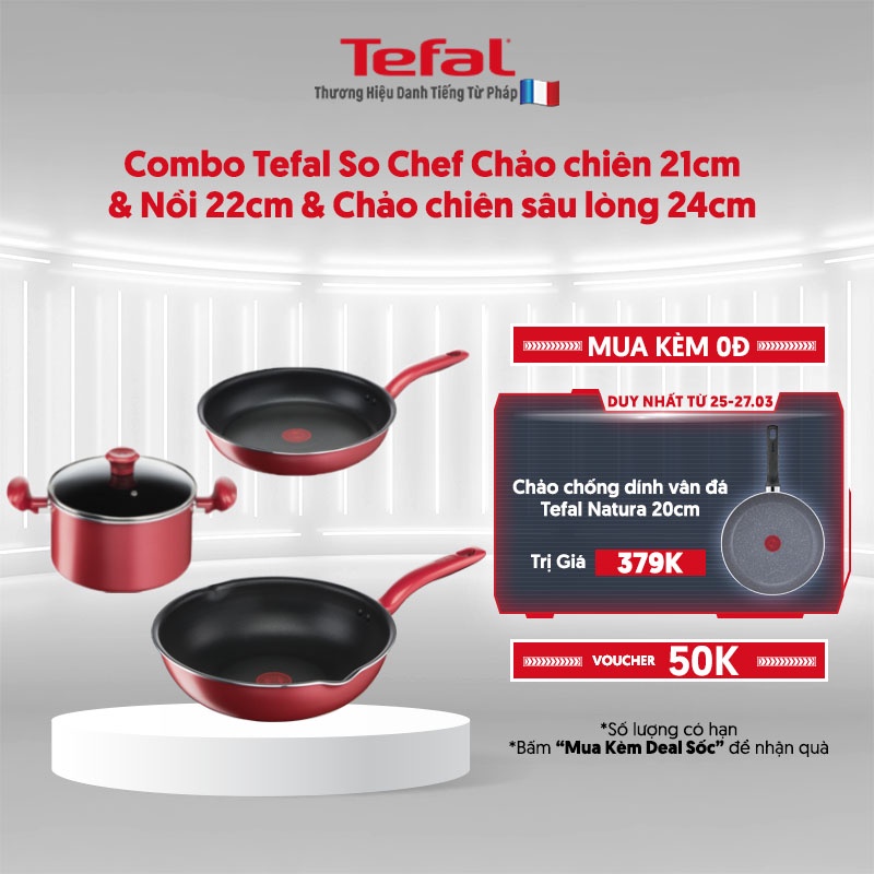 [Mã LIFEHL25 giảm 10% đơn 350K] Combo Tefal So Chef Chảo chiên 21cm &amp; Nồi 22cm &amp; Chảo chiên sâu lòng 24cm