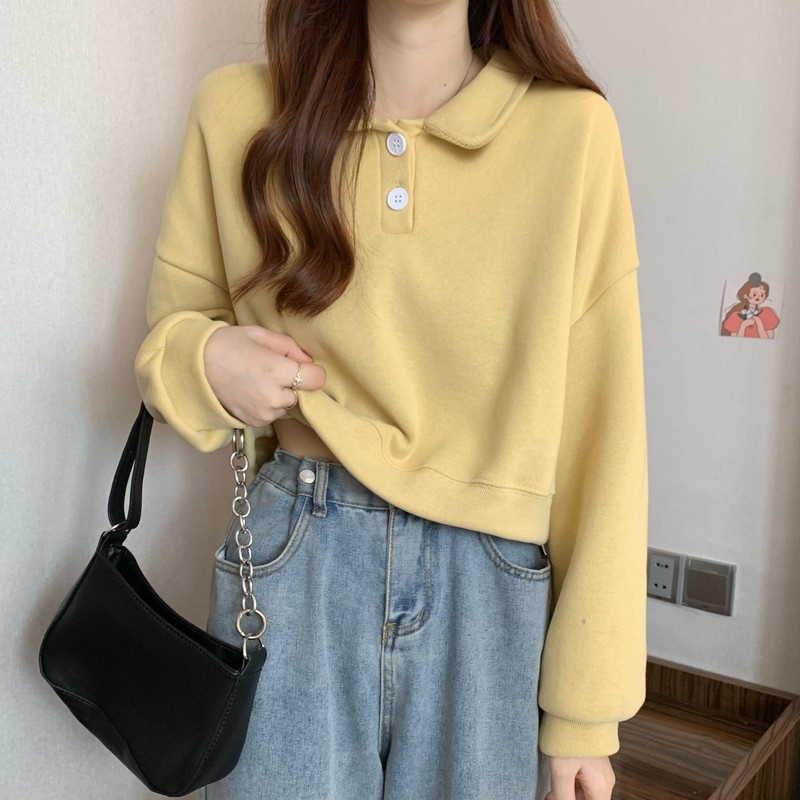 NZN Áo sweater cổ polo dáng rộng ngắn màu trơn phong cách Hàn Quốc