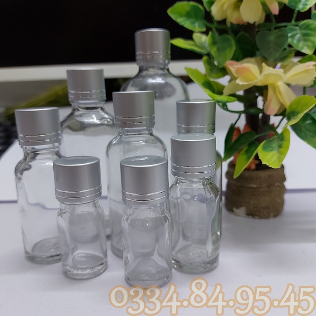 Chai thủy tinh thân TRONG nắp vặn XI BẠC nhỏ giọt 5ml 10ml 20ml 30ml 50ml 100ml -Lọ đựng serum, chiết tinh dầu, mỹ phẩm