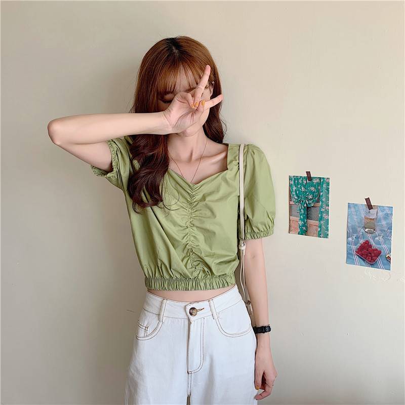 Áo kiểu nữ croptop tay ngắn bồng dáng ôm 2021, áo croptop nữ đẹp màu trắng, tím cổ V dúm ngực sang chảnh thời trang