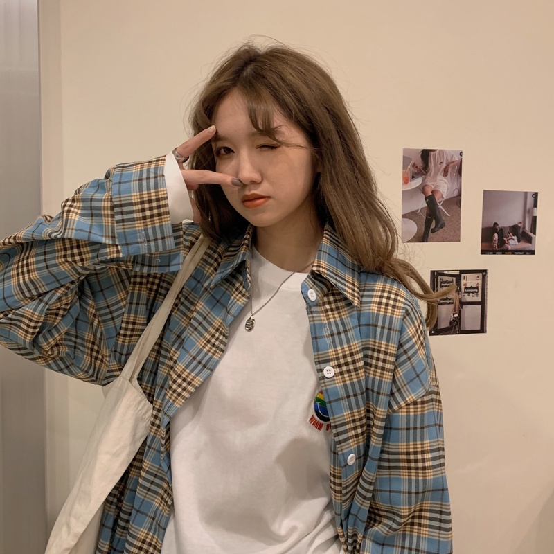 SUXI Áo Sơ Mi Caro Tay Dài Dáng Rộng Trẻ Trung Phong Cách Hàn Quốc Cho Bạn Gái