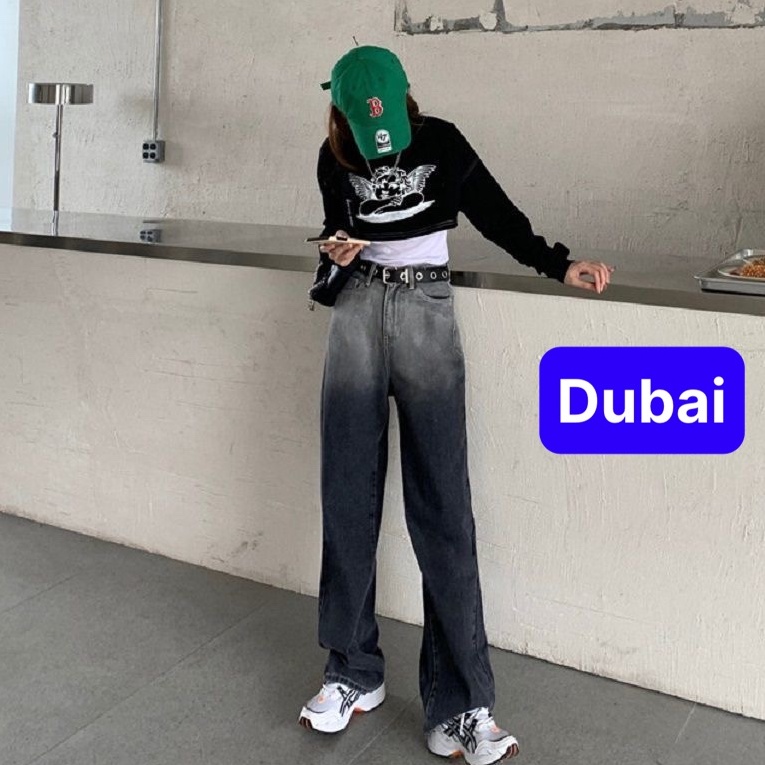 QUẦN BAGGY JEAN NỮ CHẤT BÒ ĐEN XANH XÁM LOANG 2 MÀU ỐNG SUÔNG RỘNG DÀI KHÓA TRƯỚC LƯNG CAO SANG CHẢNH MỚI - DUBAI FASHIO