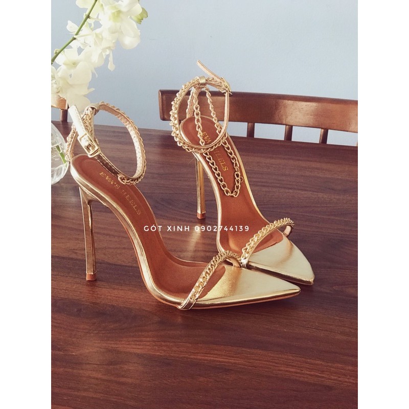 Sandal dây mảnh cao gót vàng gold