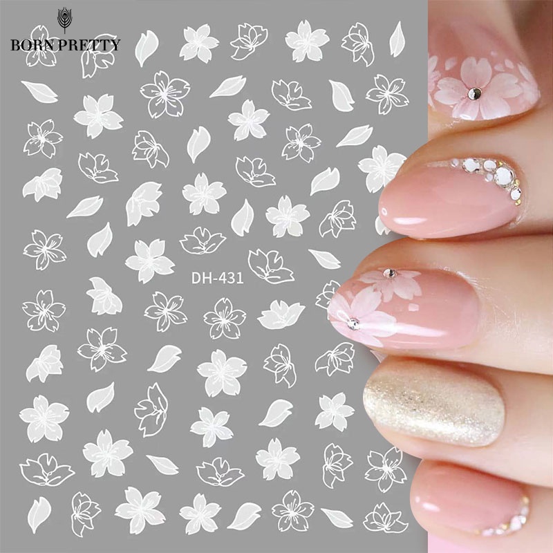 Tấm sticker BORN PRETTY dán móng họa tiết hoa trắng 3d sinh động