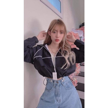 Áo khoác dù croptop lửng 2 lớp form rộng Ulzzang phối kẻ