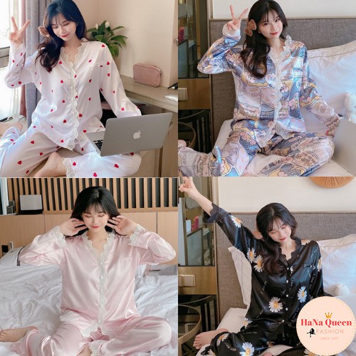 [Sẵn Hàng] Bộ đồ ngủ lụa nữ dài tay phối ren Pijama thu đông phong cách Hàn Quốc 2021