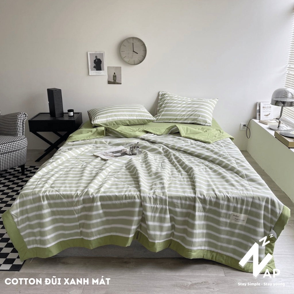 Bộ Chăn Chần Ga Gối 4 Món Cotton Đũi Caro Xanh Lá Vintage Tối Giản Thoáng Mềm Tươi Mát Size m6 m8 2m2 Napbedding