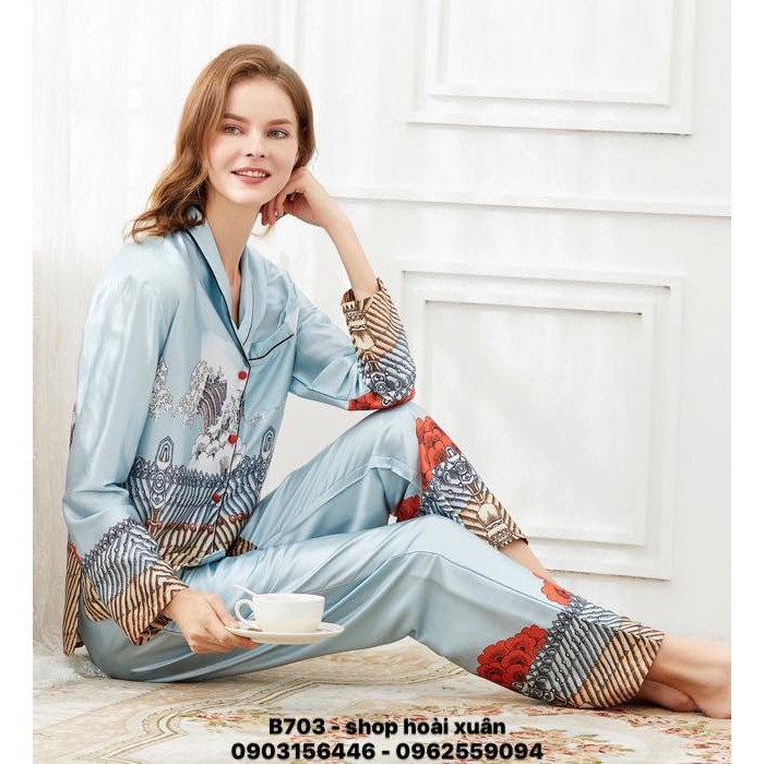 Bộ đồ ngủ dài pijama phi lụa hàng xuất khẩu - B703