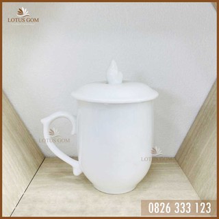 Cốc Sứ Trắng Đẹp Có Nắp Bát Tràng [LOTUS GOM IN LOGO LY CỐC SỨ THEO YÊU CẦU]